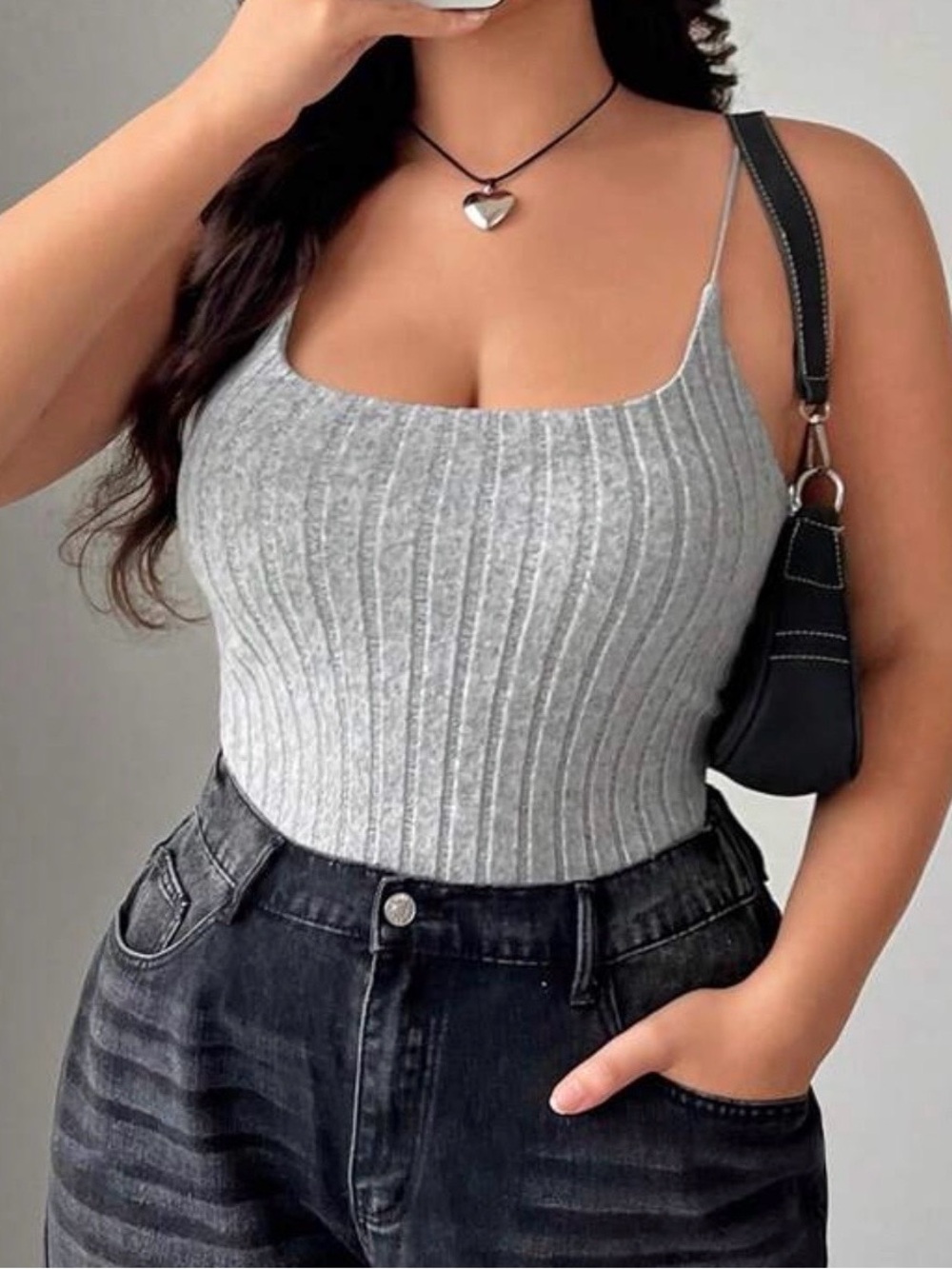 Light Grey Ribbed Square Neck Cami - Picture 5 of 5